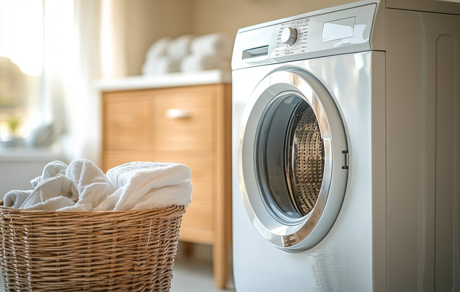 Buanderie spacieuse avec machine à laver moderne et panier de linge frais