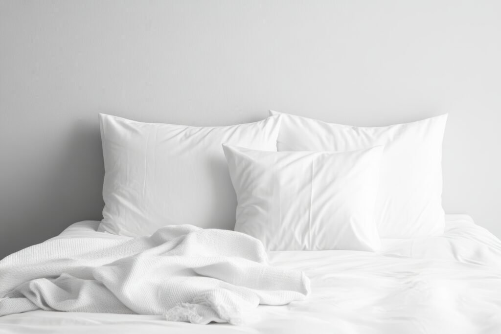 Lit blanc douillet avec oreillers et couverture dans une chambre minimaliste