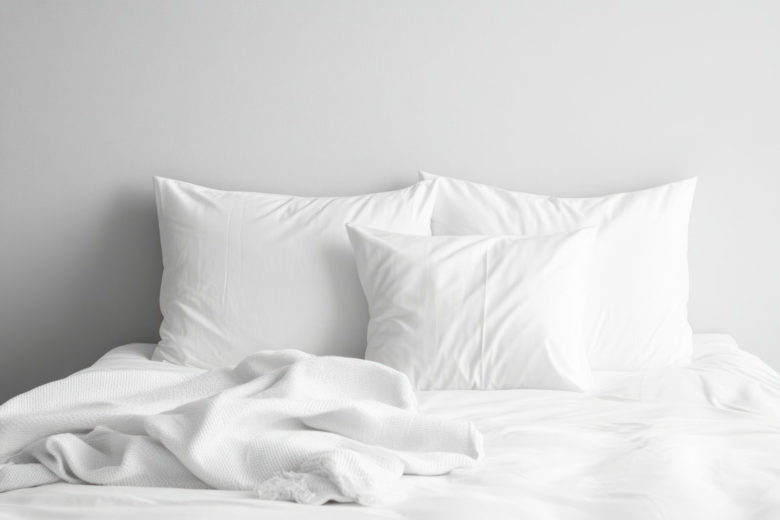 Lit blanc douillet avec oreillers et couverture dans une chambre minimaliste