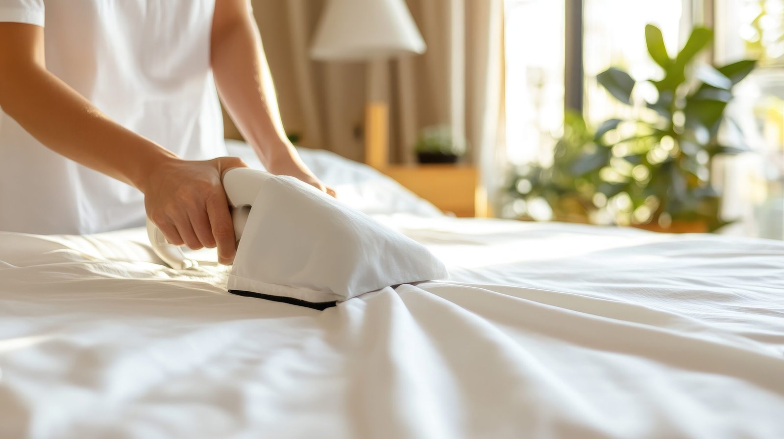 Préparation d'un lit avec des draps blancs propres