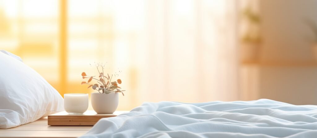 Table basse et arrière-plan flou dans une chambre — ambiance linge de maison